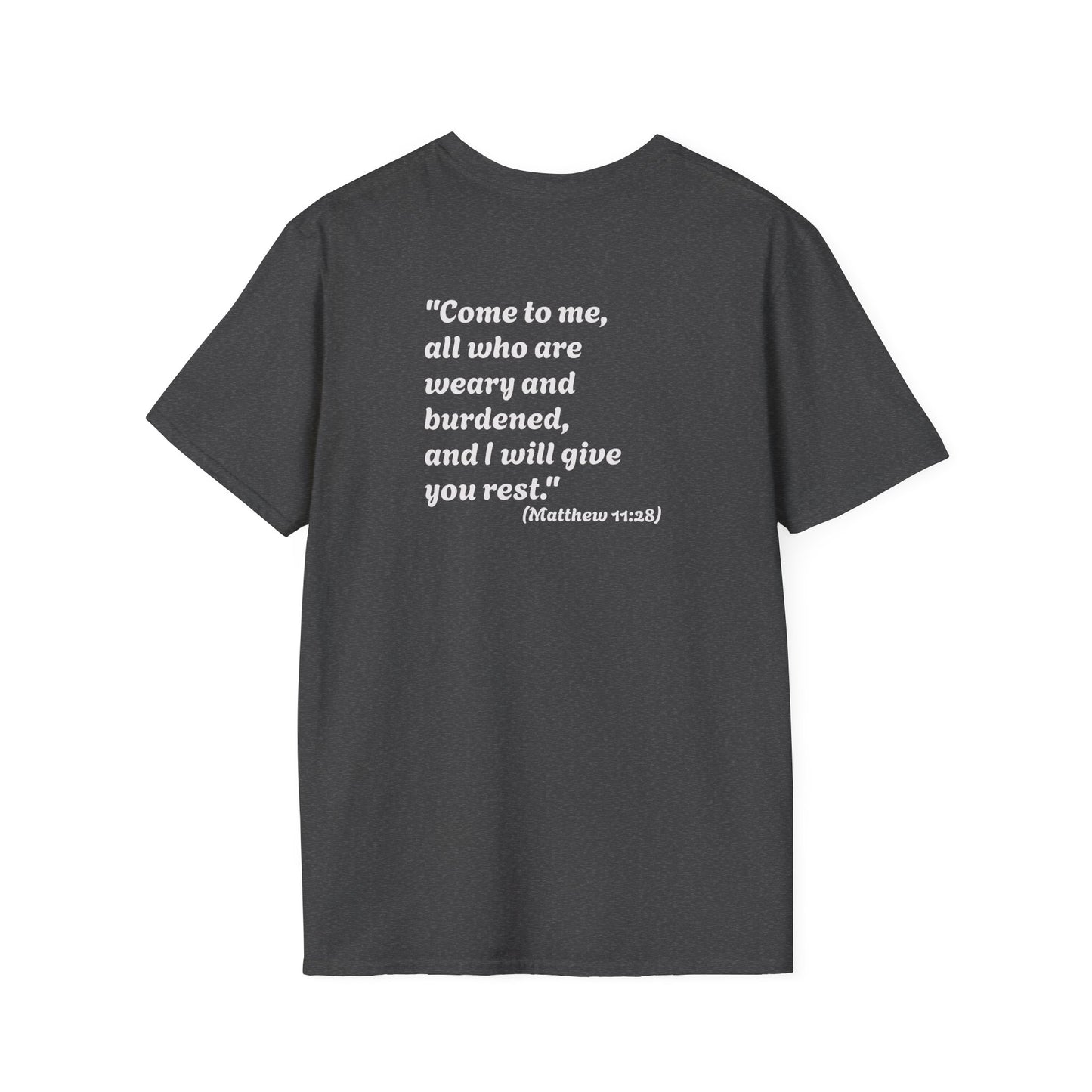 Christian Jesus Flag T-Shirt — "Come to me, all who are weary" Bible Verse
