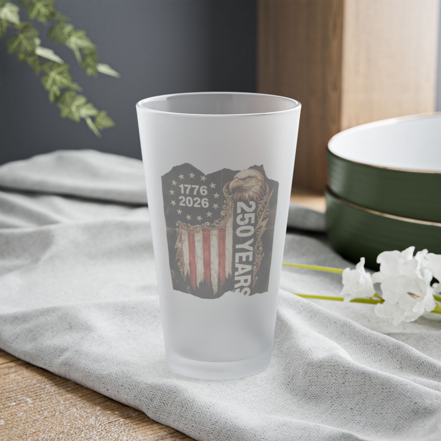 USA 250 Yr Anniversary Frosted Pint Glass, 16oz