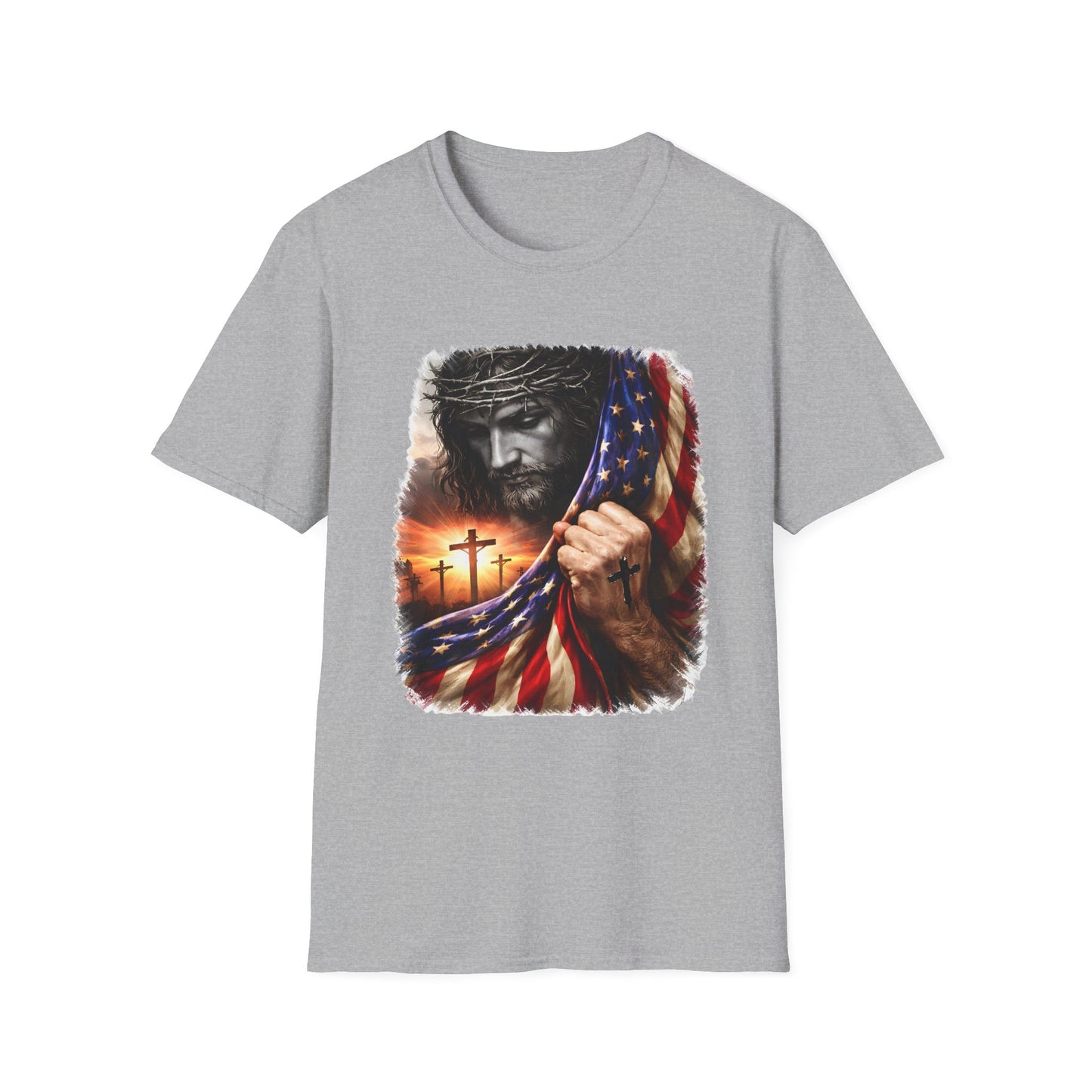 Christian Jesus Flag T-Shirt — "Come to me, all who are weary" Bible Verse
