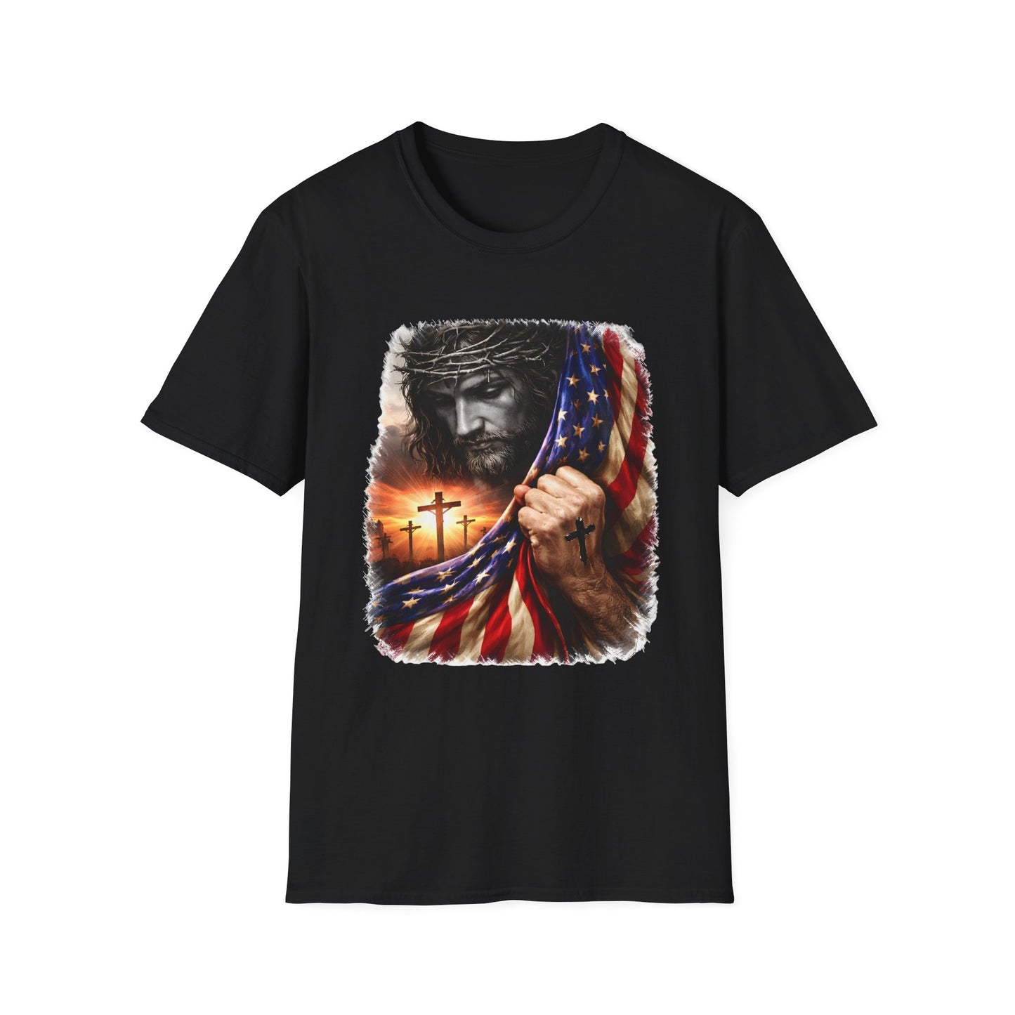 Christian Jesus Flag T-Shirt — "Come to me, all who are weary" Bible Verse