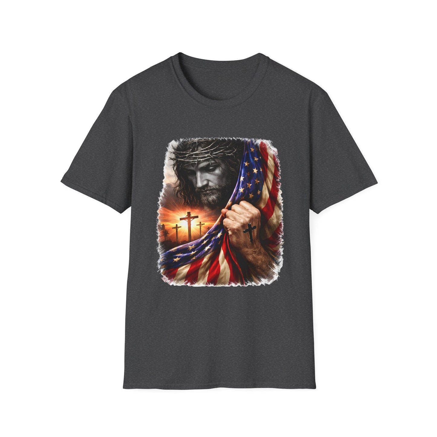Christian Jesus Flag T-Shirt — "Come to me, all who are weary" Bible Verse