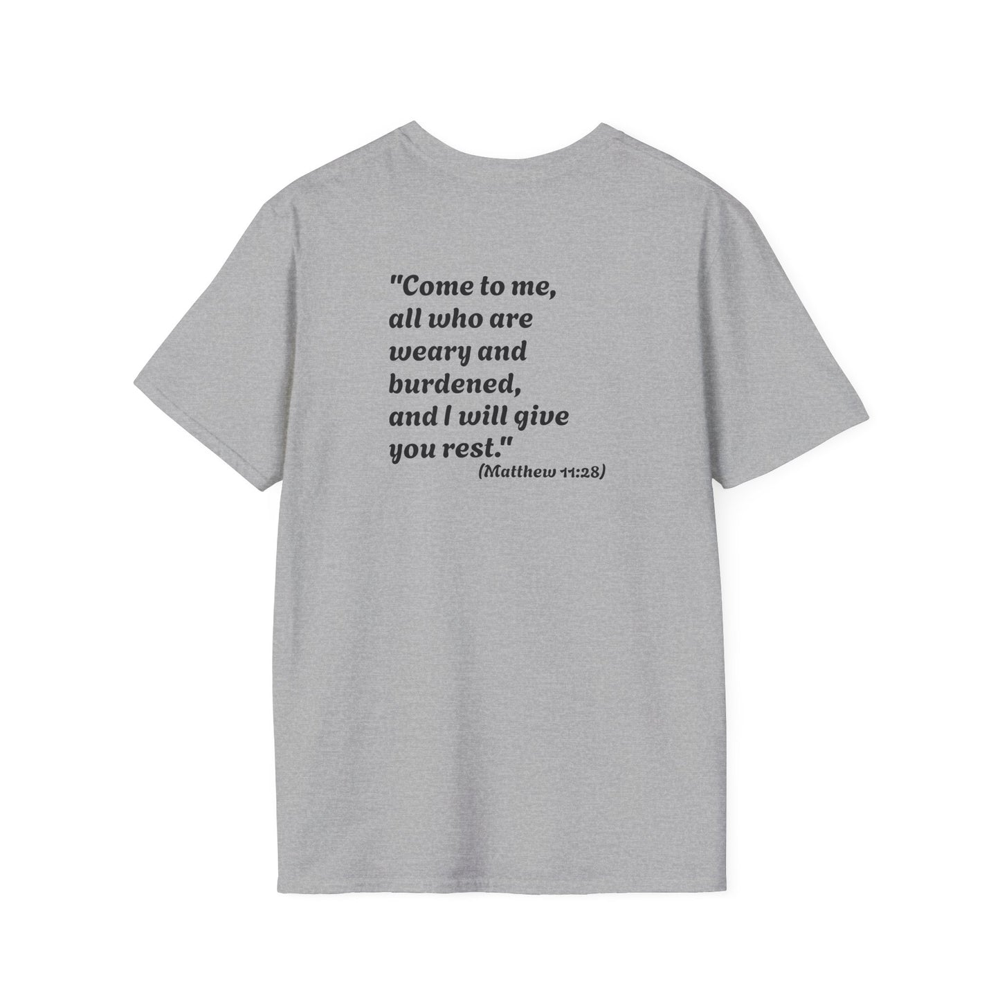 Christian Jesus Flag T-Shirt — "Come to me, all who are weary" Bible Verse
