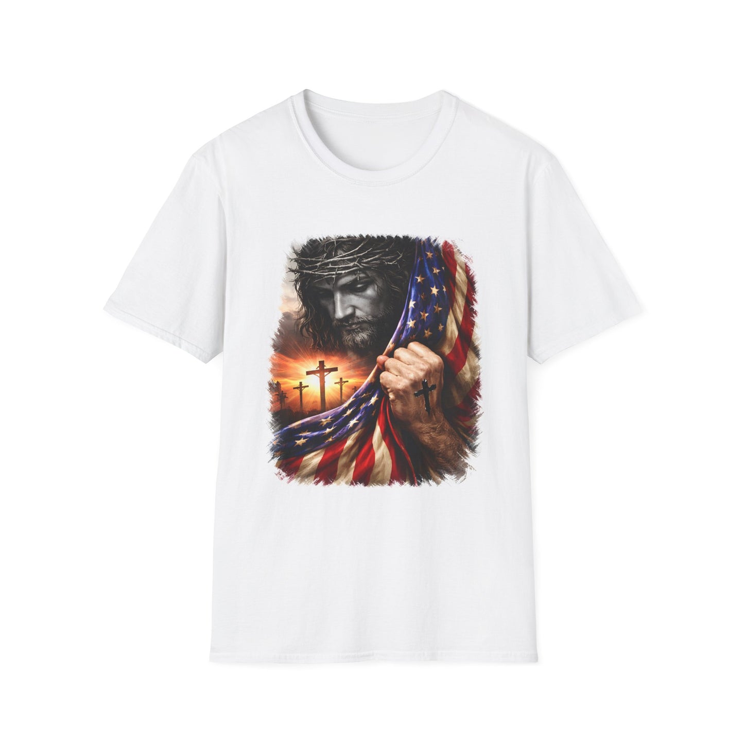 Christian Jesus Flag T-Shirt — "Come to me, all who are weary" Bible Verse