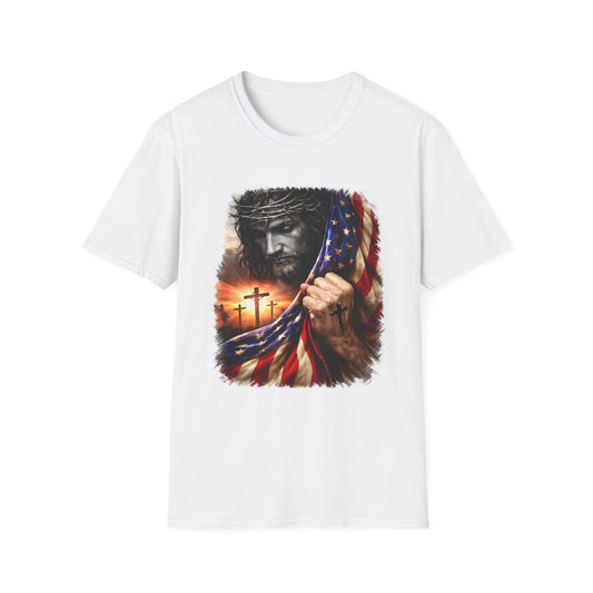 Christian Jesus Flag T-Shirt — "Come to me, all who are weary" Bible Verse