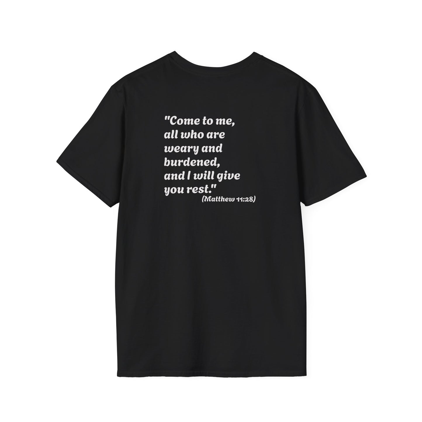 Christian Jesus Flag T-Shirt — "Come to me, all who are weary" Bible Verse