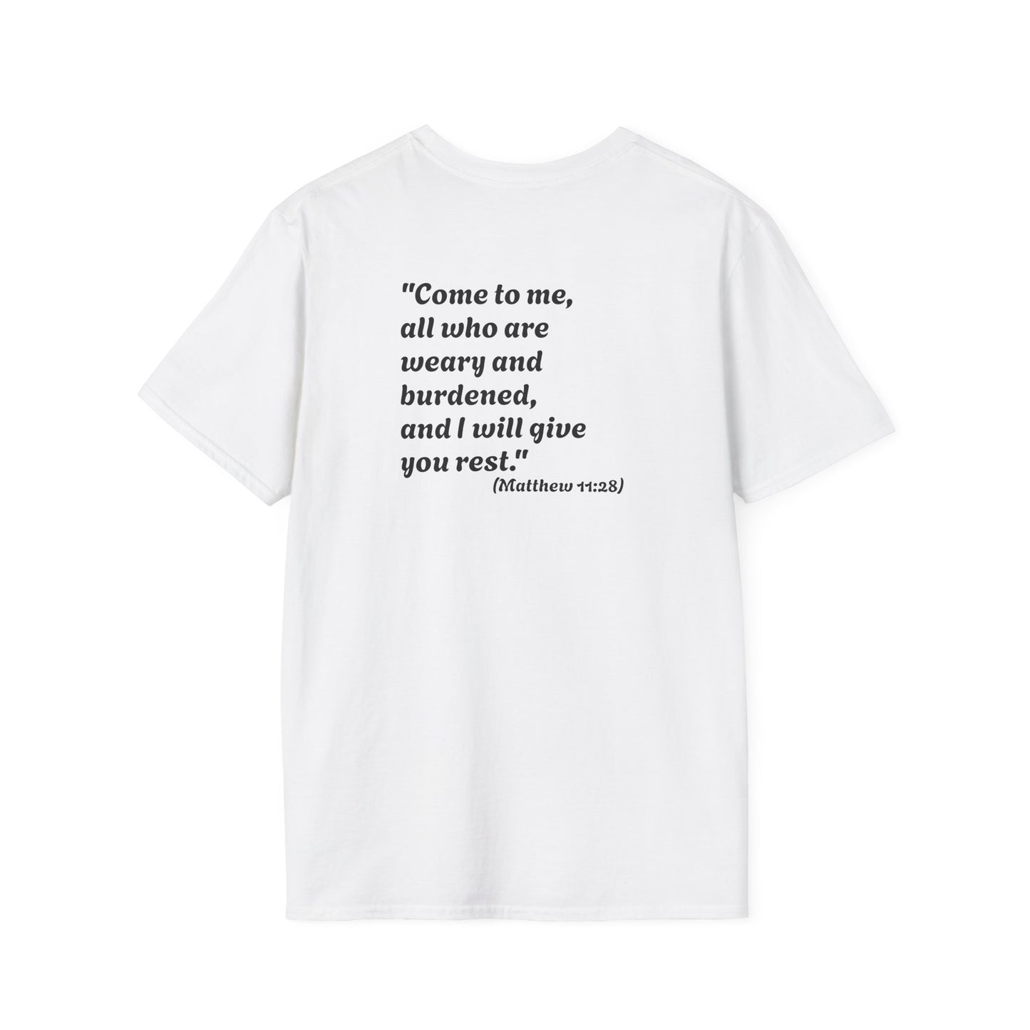 Christian Jesus Flag T-Shirt — "Come to me, all who are weary" Bible Verse
